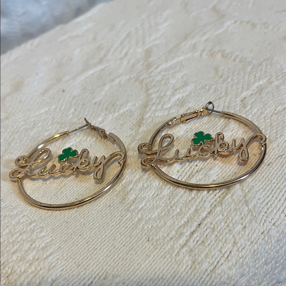 St. Patrick's Day "Lucky" Gold Tone Hoop Earrings